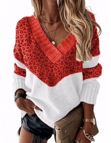 Autumn/winter V-neck Color-blocking Leopard-print Knit Pullo