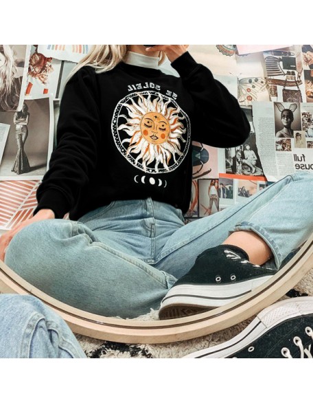 Autumn And Winter Casual Sun Flower Print Crew Neck Sweatshirt