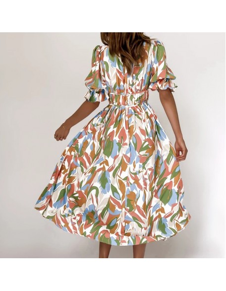 Abstract Floral Print V-neck Short Sleeves Maxi Dress