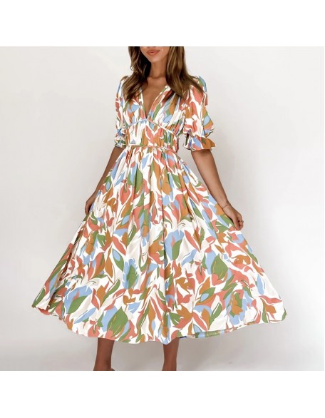 Abstract Floral Print V-neck Short Sleeves Maxi Dress