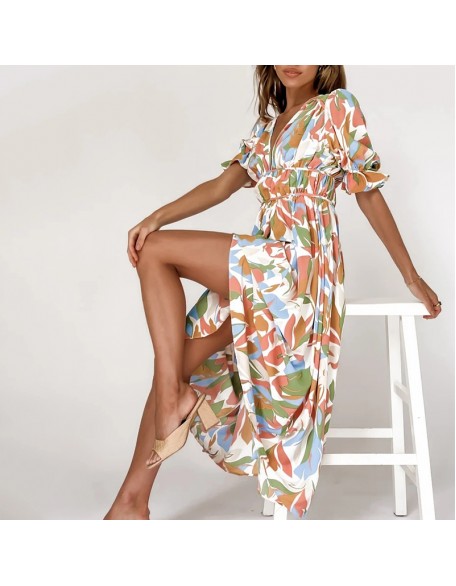 Abstract Floral Print V-neck Short Sleeves Maxi Dress