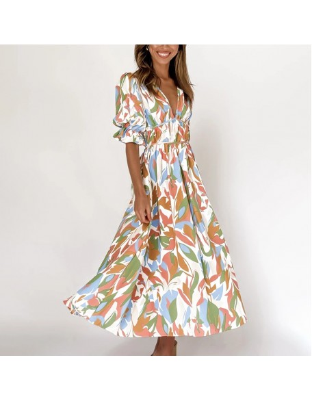 Abstract Floral Print V-neck Short Sleeves Maxi Dress