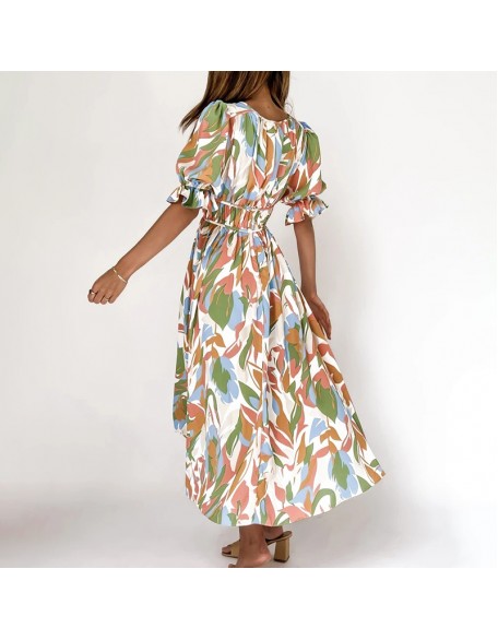 Abstract Floral Print V-neck Short Sleeves Maxi Dress