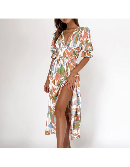 Abstract Floral Print V-neck Short Sleeves Maxi Dress