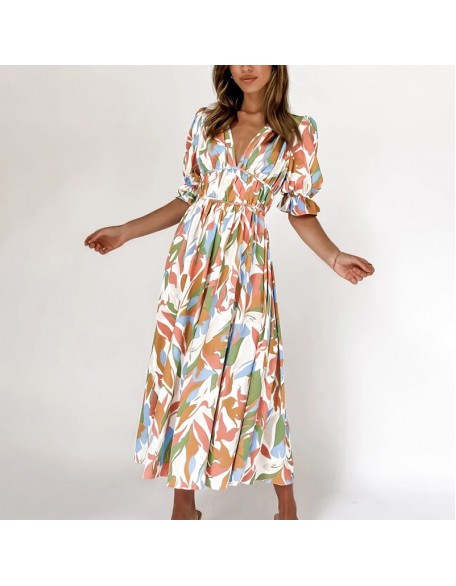 Abstract Floral Print V-neck Short Sleeves Maxi Dress