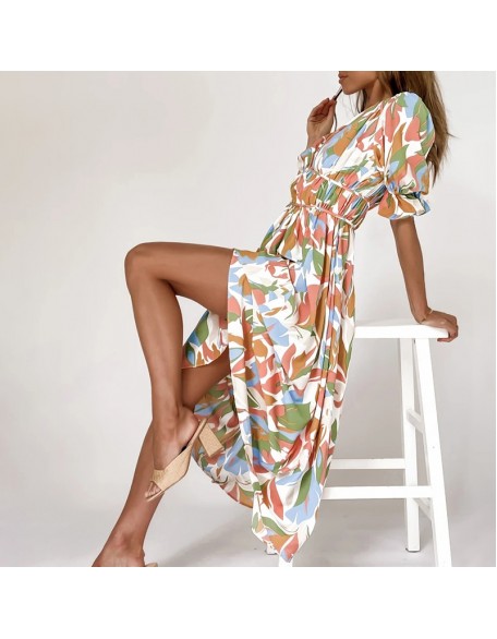 Abstract Floral Print V-neck Short Sleeves Maxi Dress