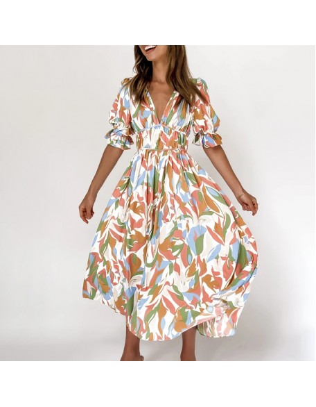 Abstract Floral Print V-neck Short Sleeves Maxi Dress