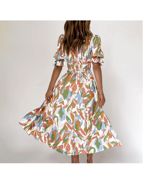 Abstract Floral Print V-neck Short Sleeves Maxi Dress