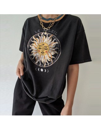 Casual Round Neck Short Sleeve Sun Print Tee