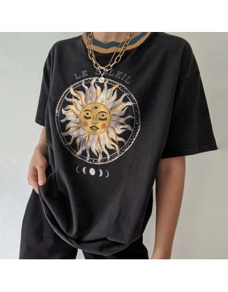 Casual Round Neck Short Sleeve Sun Print Tee