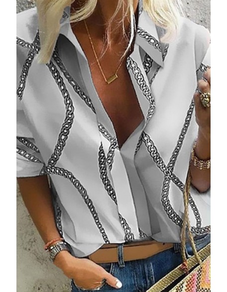 A Lapel Long Sleeve Printed Blouse