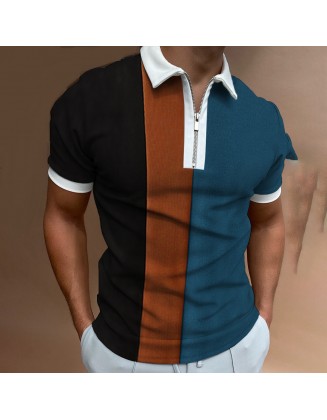 Men's Casual Style Summer Daily Stitching Zipper Design Polo Collar Short-sleeved T-shirt